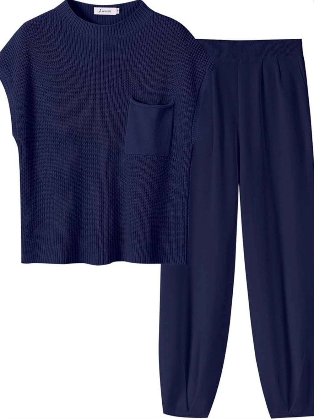Navy Knit Short-Sleeve Top with Relaxed Navy Trousers